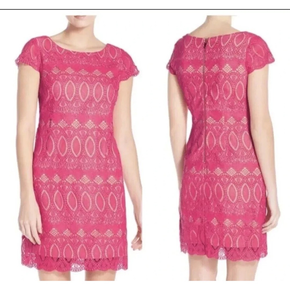 Eliza J Dress Womens Petite 0P Pink Scalloped Lace Fully Lined Wedding Party